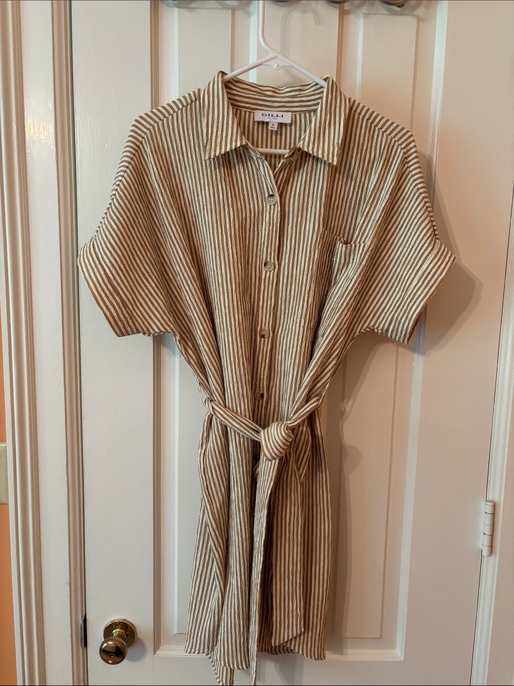 Gilli Beige and White Striped Tie-Waist Shirt Dress